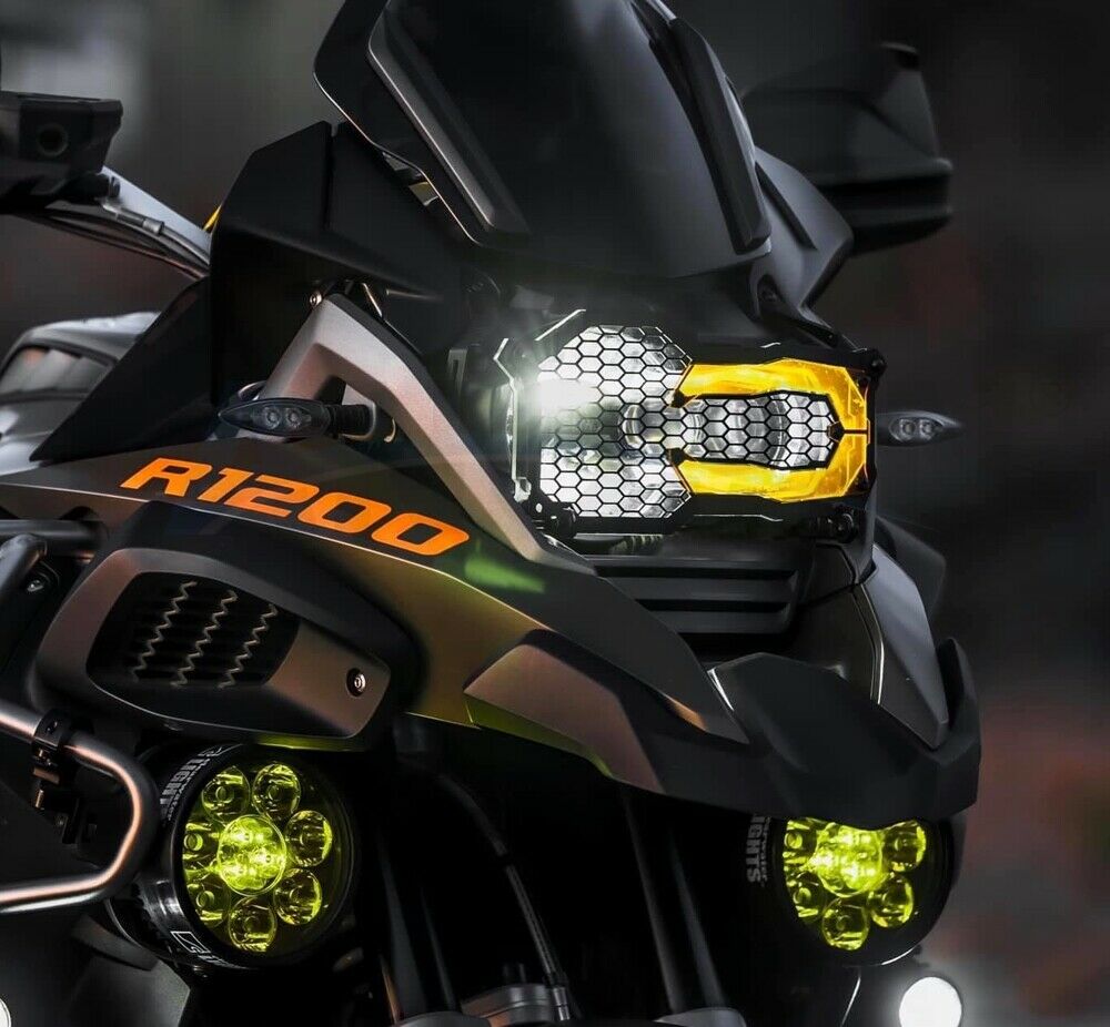 BMW 1200 / 1250 GS Adventure Headlight Guard Orange Lens on Bike1